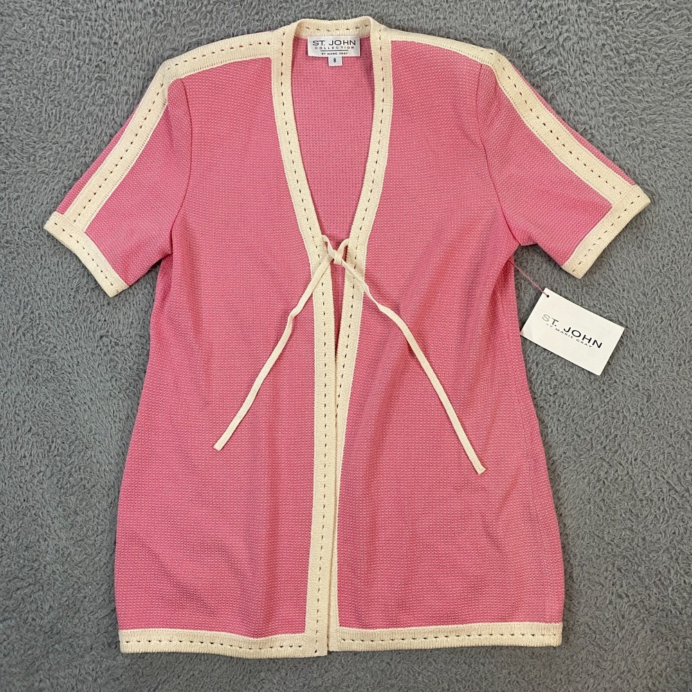 ST. JOHN Sweater Womens size 10 Tie Open Front Cardigan Santana Knit Pink‎ NEW